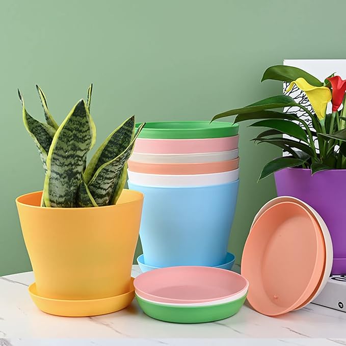 10 Pack 4 Inch Plant Pots Bulk Small Plastic Planters Pots with Drainage Holes Flower Pot for Succulent, Cactus, Herb, African Violet (10pcs-Multicolor, 4Inches)