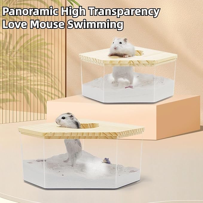 Hamster Sand Bath Box Container, Small Pet Sandbox Lid Design Wooden Sandbox Dust Bath, Transparent Bathroom & Digging Box Acrylic Syrian Hamster Litter Box Small Animal Accessories (D Large)