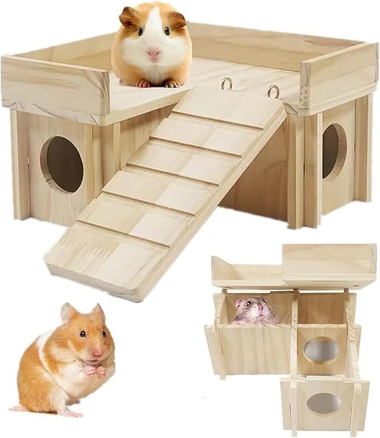 Hamster House Multi Chamber Wooden Hamster Maze Tunnel with Ladder Gerbil Hideout Castle Small Animal House Hut Habitats Cage Accessories for Hamster Rat Gerbils and Other Small Pets