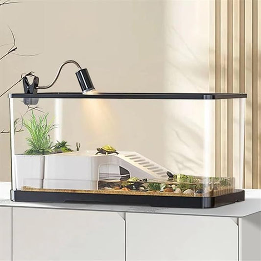 (Tank + Light + Filter Balls) Turtle Tank Kit, Turtle Tank Starter Kit,Bottom Drainage, Multi-Function Areas for Turtles, Crabs,Fishes, Amphibians,Reptiles.(11.81 × 7.88 × 7.88 Inch)