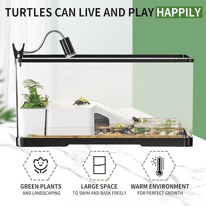 (Tank + Light + Filter Balls) Turtle Tank Kit, Turtle Tank Starter Kit,Bottom Drainage, Multi-Function Areas for Turtles, Crabs,Fishes, Amphibians,Reptiles.(15.75 x 8.64 x 8.64 Inch)