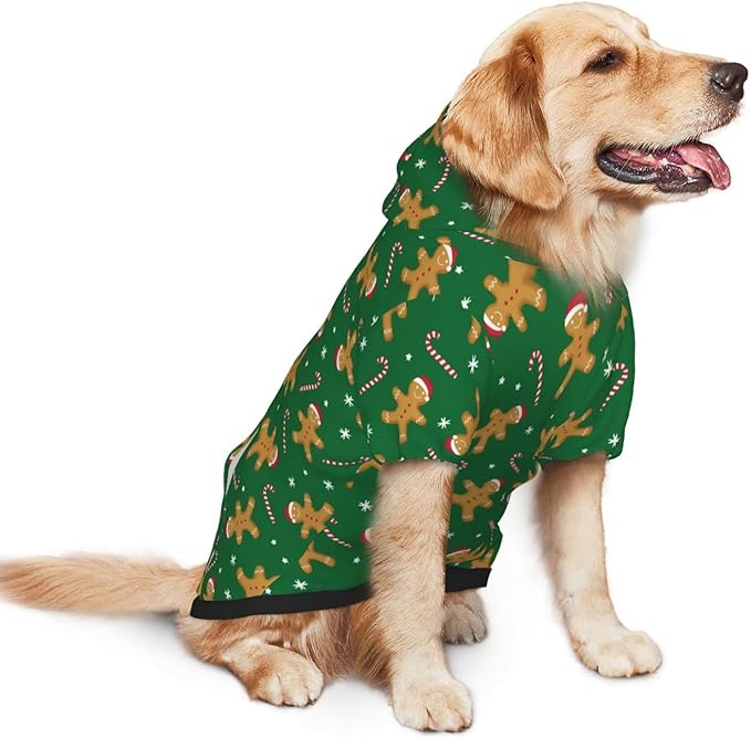 Green Christmas Gingerbread Men Candies Hoodie,Christmas Cosplay Dog Clothes with Pocket and Hat Winter Clothes Sweaters Small