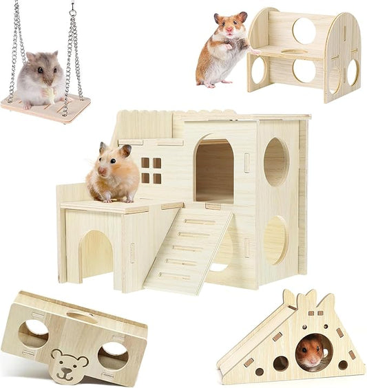 Hamster Toys 5-Piece Set ,Hamster House, Swing, Climbing Ladder, Seesaw & Exercise Wheel,Pet DIY Sport Exercise Toys Set, Small Animal Habitat Accessories ,Gerbils, Mice(Natural Wood)
