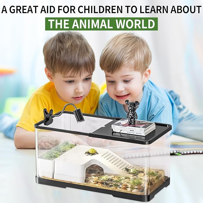 (Tank + Light + Filter Balls) Turtle Tank Kit, Turtle Tank Starter Kit,Bottom Drainage, Multi-Function Areas for Turtles, Crabs,Fishes, Amphibians,Reptiles.(11.81 × 7.88 × 7.88 Inch)