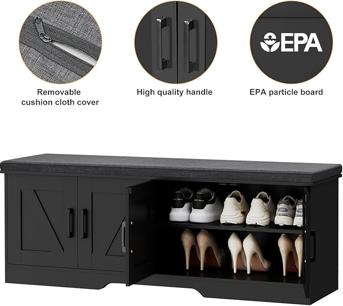 2-Tier Storage Bench, Shoe Bench with Padded Seat Cushion, Entryway Bench with 4 Barn Doors, Adjustable Shelf, 13.8" D x 47.2" W x 17.7" H, for Entryway, Living Room, Bedroom, Black