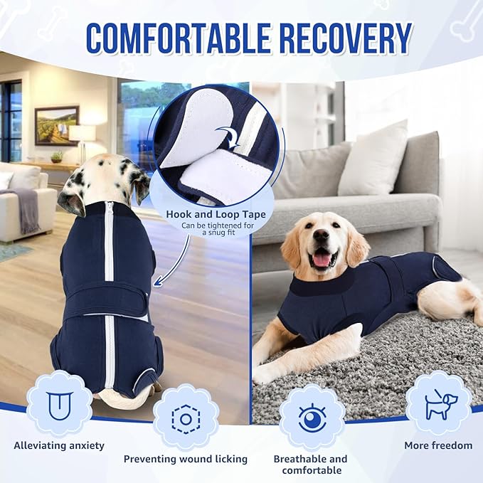 Lukovee Recovery Suit for Dogs, Zipper-On Onesie for Female Male Dog, Abdominal Wounds Cone E-Collar Alternative, Prevent Licking Spay (S, Dark Blue)