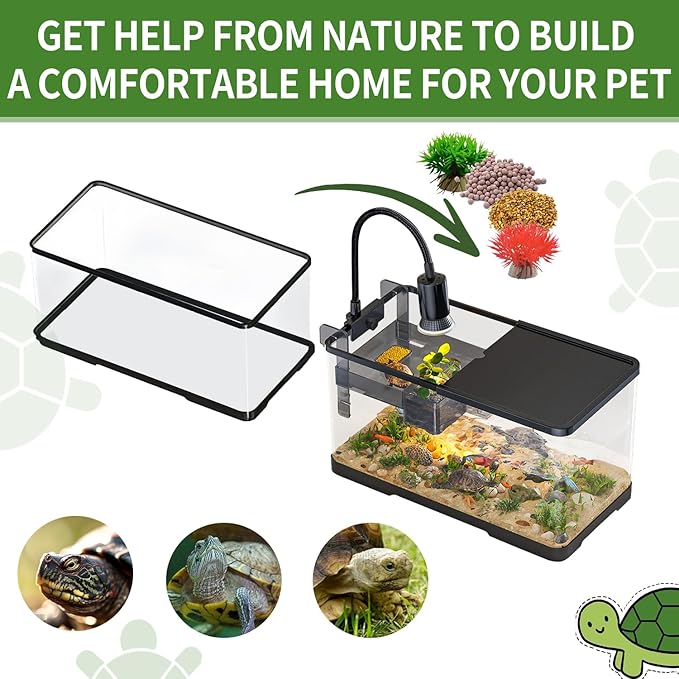 (Tank + Light + Filter + Filter Balls) Turtle Tank Kit, Turtle Tank Starter Kit,Bottom Drainage, Multi-Function Areas for Turtles, Crabs,Fishes, Amphibians,Reptiles. (21.65 × 12.28 × 12.28 Inch)