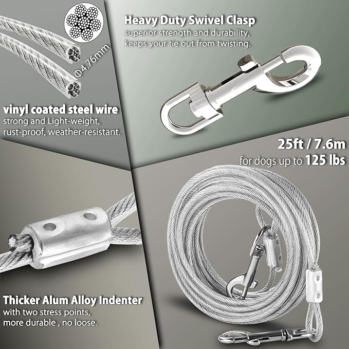25 ft Dog Tie Out Cable and Stake - Durable & Sturdy Yard Leash and Stake for Small Medium Large Dogs Up to 125lbs No Tangle Dog Leads for Yard Camping Outside (25ft - 125lbs, Black)