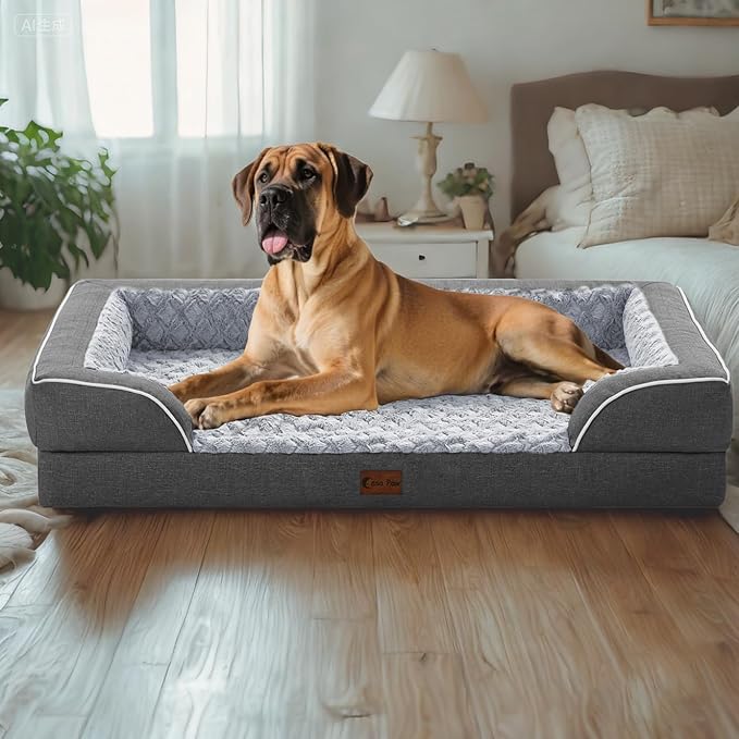 Orthopedic XL Dog Bed for Extra Large Dogs, Waterproof Memory Foam Dog Beds with Sides, Non-Slip Bottom and Egg-Crate Foam Big Dog Couch Bed with Removable Washable Cover(X-Large,Dark Grey)