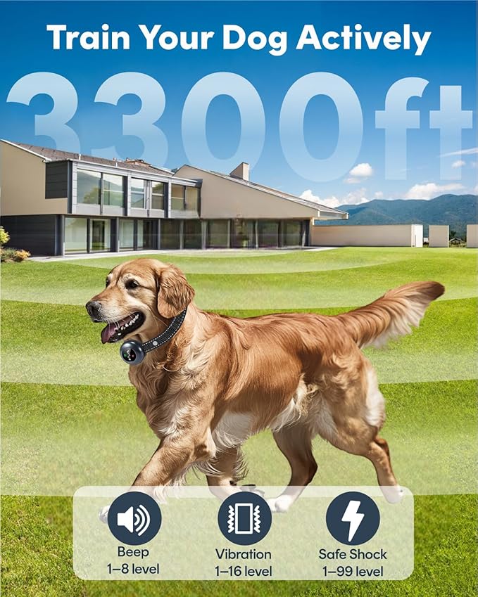2-in-1 Dog Training Collar & Anti-Barking Dog Bark Collar – 3300FT Remote Control, IP67 Waterproof E-Collar with 5 Sensitivity Levels, Security Lock, for Dogs 10–150 lbs
