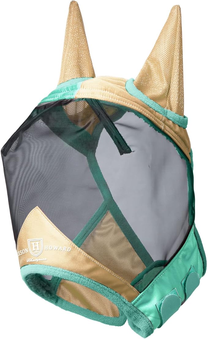 Harrison Howard Pro Luminous Horse Fly Mask Standard with Ears UV Protection for Horse Champagne Gold/Mint Medium Cob
