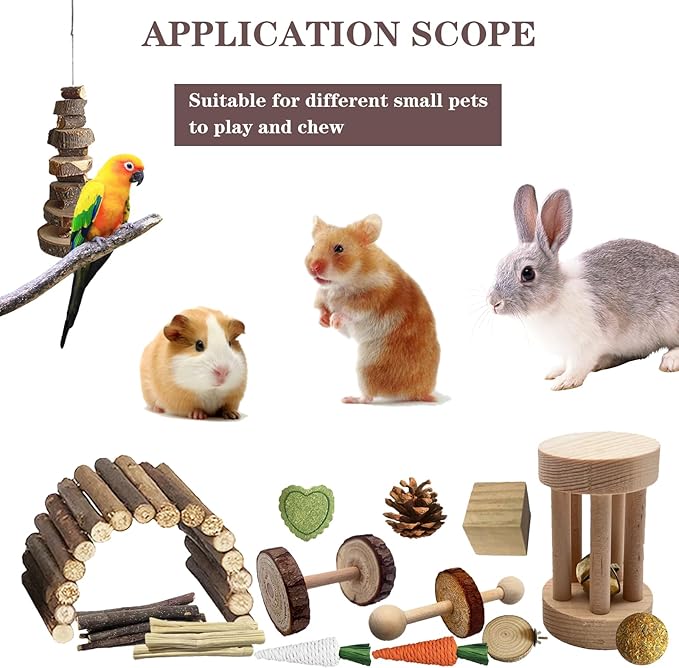Hamster Toys Set,Guinea Pig Toys Small Animal Chewing Toy and Rat Cage Accessories, 16 Different,Hamster Small Animal Hideout ,Chinchillas, Gerbils, Rats, Rodents Teeth Care,Natural Molar Tools