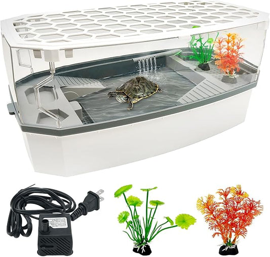Hamiledyi Small Turtle Tank with Lid and Water Pump Acrylic Turtle Aquarium Starter Kit Easy to Change Water Multi-Function Area Reptile Habitat for Turtles Hermit Crabs Crayfish Tortoises (Medium)