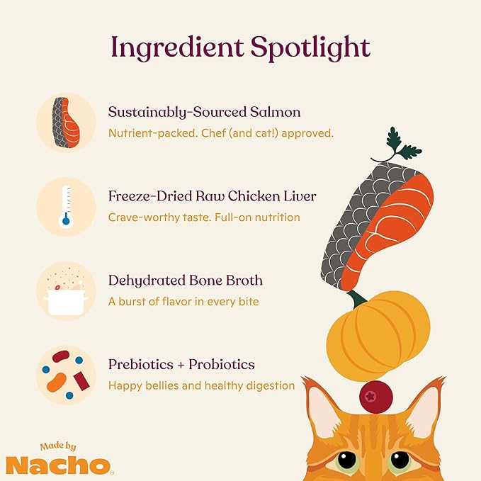 Made by Nacho Dry Cat Kibble 10lb Bag, High Protein Premium Cat Food with Freeze Dried Pieces, Sustainably-Caught Salmon, Whitefish & Pumpkin, Limited Ingredients, Single Bag
