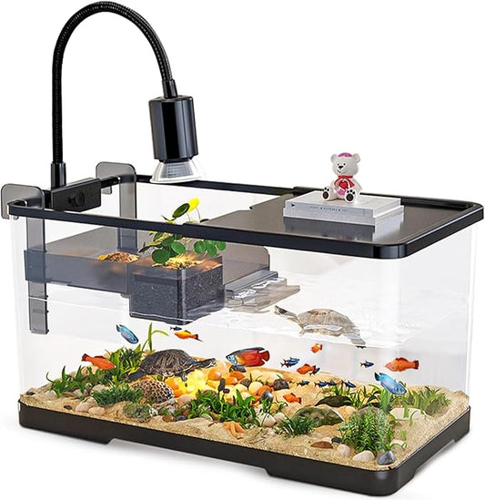 (Tank + Light + Filter + Filter Balls) Turtle Tank Kit, Turtle Tank Starter Kit,Bottom Drainage, Multi-Function Areas for Turtles, Crabs,Fishes, Amphibians,Reptiles. (21.65 × 12.28 × 12.28 Inch)