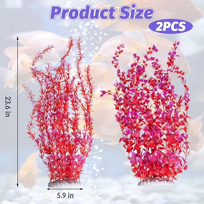 Hamiledyi Aquarium Plastic Plants Aquarium Decor Artificial Fish Tank Plants,Tall Fish Tank Decorations, Extra Large Aquarium Plant 23.6-inch Tall,2PCS(Red)