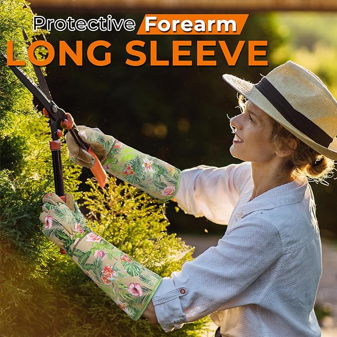 HANDLANDY Leather Gardening Gloves for Women, Thorn Proof Breathable Ladies Rose Pruning Garden Gauntlet Yard Gloves, Gift for Gardeners (Khaki, L)