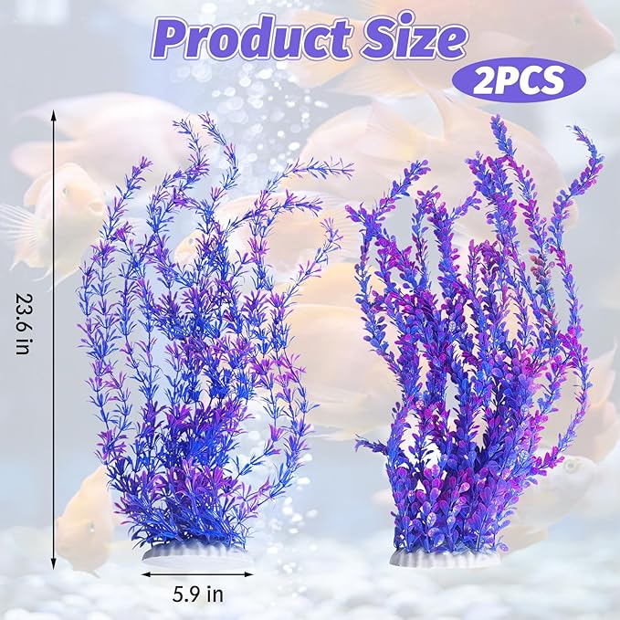 Hamiledyi Aquarium Plastic Plants Aquarium Decor Artificial Fish Tank Plants,Tall Fish Tank Decorations, Extra Large Aquarium Plant 23.6-inch Tall,2PCS(Purple Style B)