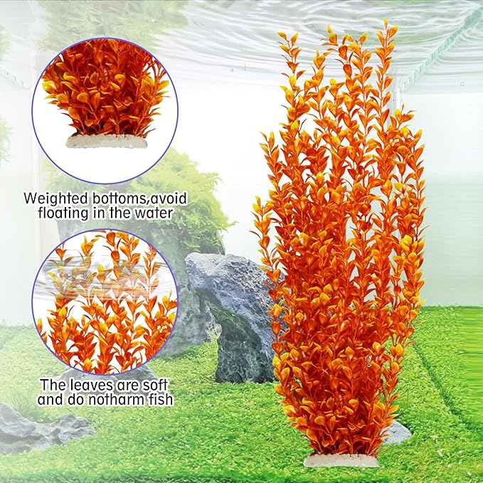 Hamiledyi Aquarium Plastic Plants Aquarium Decor Artificial Fish Tank Plants,Tall Fish Tank Decorations, Extra Large Aquarium Plant 23.6-inch Tall,2PCS(Orange Style A)