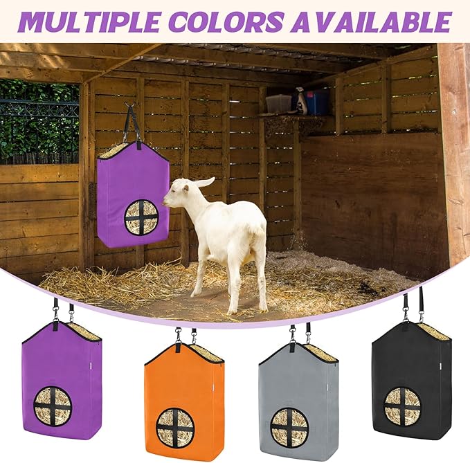 3 PCS Goat Hay Feeder,Hay Bags for Horses,Goats,Donkeys with Reinforced Oxford Fabric and High Strength Metal Clasp,Horse Feeding Supplies with Adjustable Strap for Easy Hanging (2Purple+1Grey)