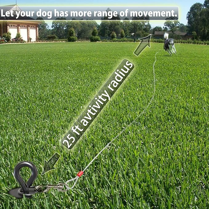 25 ft Dog Tie Out Cable and Stake - Durable & Sturdy Yard Leash and Stake for Small Medium Large Dogs Up to 125lbs No Tangle Dog Leads for Yard Camping Outside (25ft - 125lbs, Black)