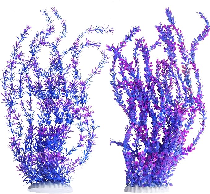 Hamiledyi Aquarium Plastic Plants Aquarium Decor Artificial Fish Tank Plants,Tall Fish Tank Decorations, Extra Large Aquarium Plant 23.6-inch Tall,2PCS(Purple Style B)