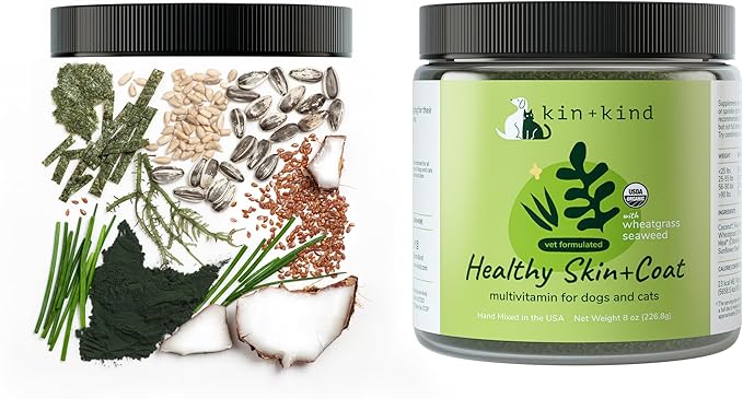 kin+kind Organic Multivitamin for Dogs & Cats - Pet Supplement for Healthy Skin and Coat - Safe, Natural Formula with Wheatgrass, Kelp, Seaweed and Coconut - Made in USA - Bundle (3 x 8 oz)
