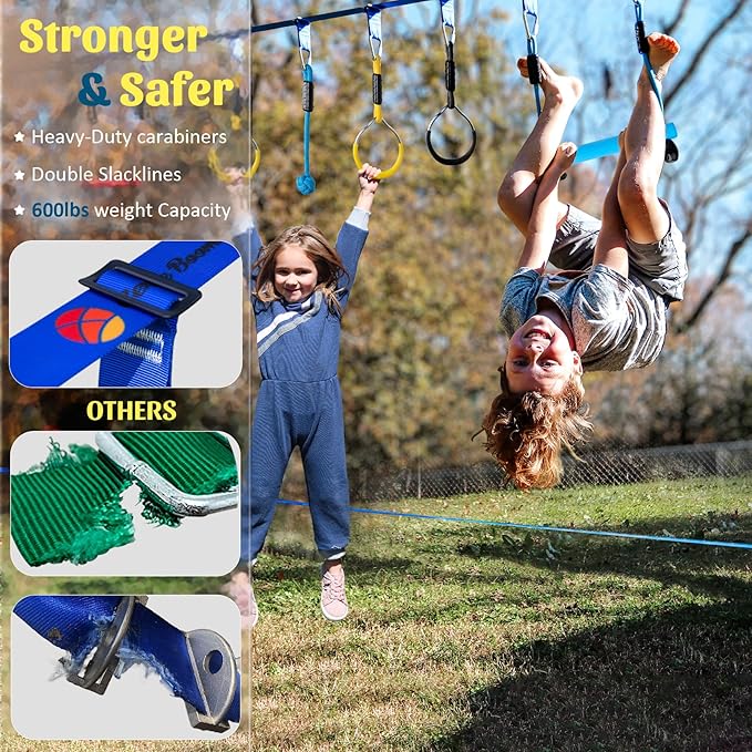 Ninja Warrior Obstacle Course for Kids, 2×56ft Slackline Kit with 8 Ninja Accessories - Monkey Bar, Rope Ladder, Gymnastic Ring, Arm Trainer and Monkey Fist