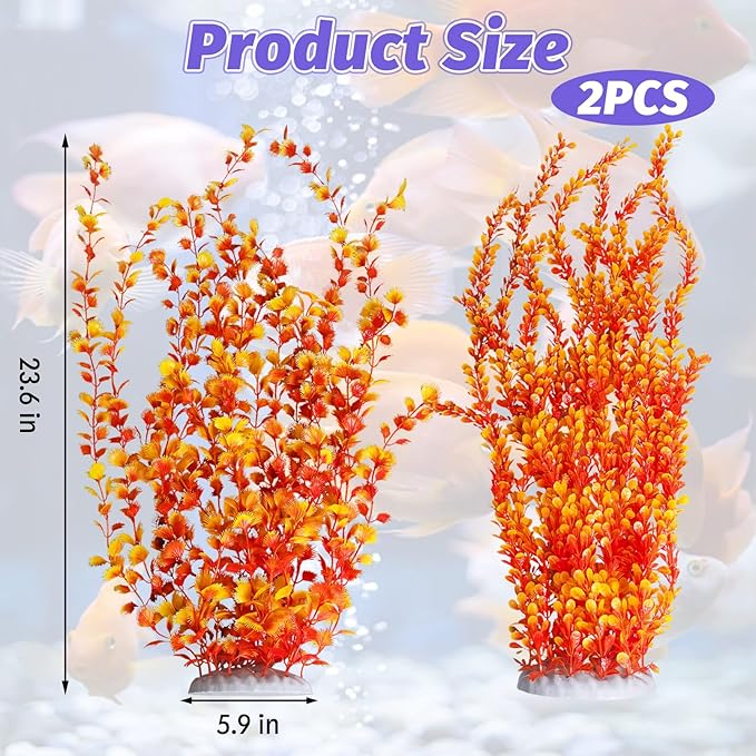Hamiledyi Aquarium Plastic Plants Aquarium Decor Artificial Fish Tank Plants,Tall Fish Tank Decorations, Extra Large Aquarium Plant 23.6-inch Tall,2PCS(Orange Style B)