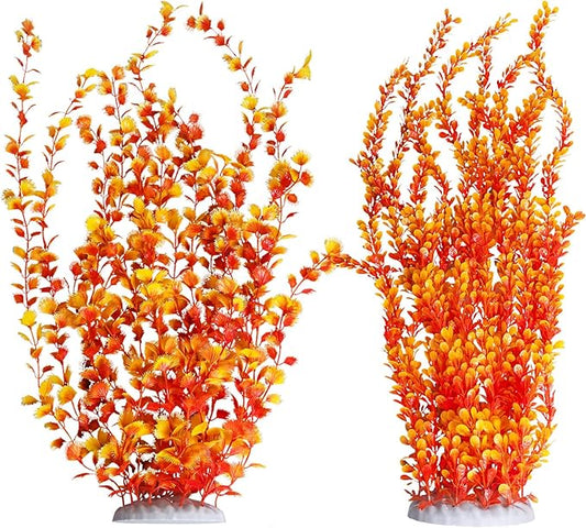 Hamiledyi Aquarium Plastic Plants Aquarium Decor Artificial Fish Tank Plants,Tall Fish Tank Decorations, Extra Large Aquarium Plant 23.6-inch Tall,2PCS(Orange Style B)