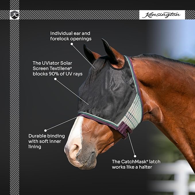 Kensington 90% UV Fly Mask Halter CatchMask UViator - Without Ears & Forelock Freedom Web Trim *Roomy Fit*- X-Large, Deluxe Black