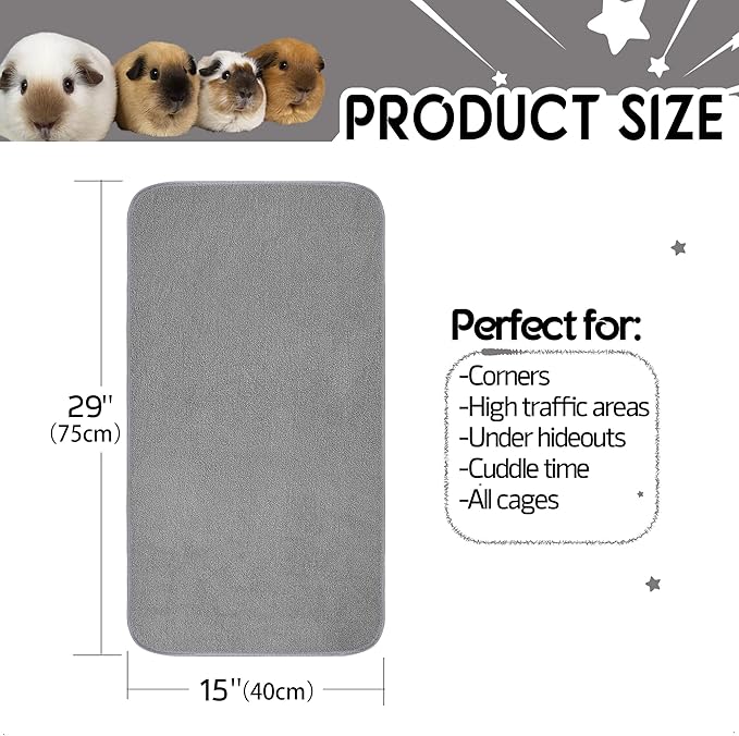 Guinea Pig Cage Liner, 6 Pack - Washable, Reusable, Leakproof Fleece Bedding Pads for Small Animals with Anti-Slip Bottom - for 15''x29'' Area, Gray