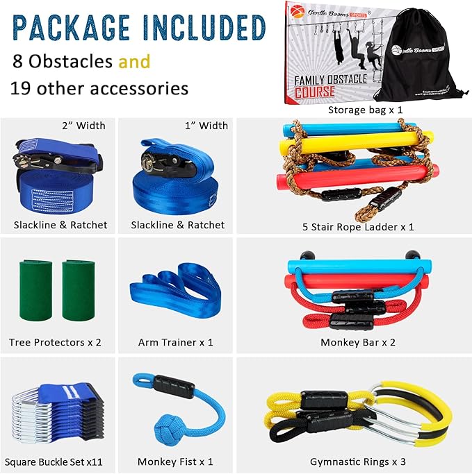 Ninja Warrior Obstacle Course for Kids, 2×56ft Slackline Kit with 8 Ninja Accessories - Monkey Bar, Rope Ladder, Gymnastic Ring, Arm Trainer and Monkey Fist