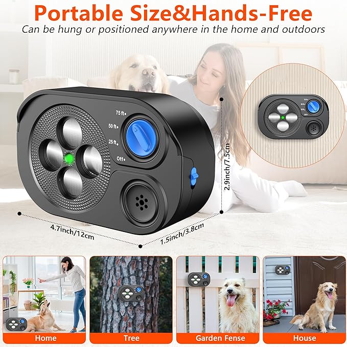 2025 New Anti Barking Device for Dogs, Bark Box Rechargeable Dog Barking Deterrent with Variable Ultra Frequency/6 Modes/IP65 Waterproof Dog Silencer Stop Neighborsâ Dog from Barking Up to 75ft(Black)