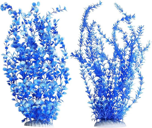 Hamiledyi Aquarium Plastic Plants Aquarium Decor Artificial Fish Tank Plants,Tall Fish Tank Decorations, Extra Large Aquarium Plant 23.6-inch Tall,2PCS(Blue)