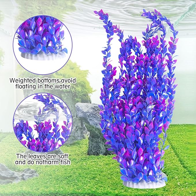 Hamiledyi Aquarium Plastic Plants Aquarium Decor Artificial Fish Tank Plants,Tall Fish Tank Decorations, Extra Large Aquarium Plant 23.6-inch Tall,2PCS(Purple Style A)