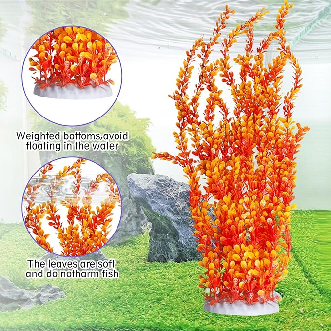 Hamiledyi Aquarium Plastic Plants Aquarium Decor Artificial Fish Tank Plants,Tall Fish Tank Decorations, Extra Large Aquarium Plant 23.6-inch Tall,2PCS(Orange Style B)