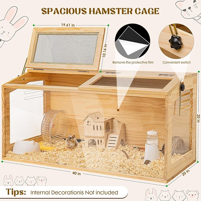 Hamster Cage 40 Inch Wooden Chewproof, 270° View Habitat with Bite-Proof Metal Mesh & Dual Access Doors, Acrylic Sheets & Solid Build for Dwarf Syrian Hamsters/Gerbils/Guinea Pigs/Chinchillas