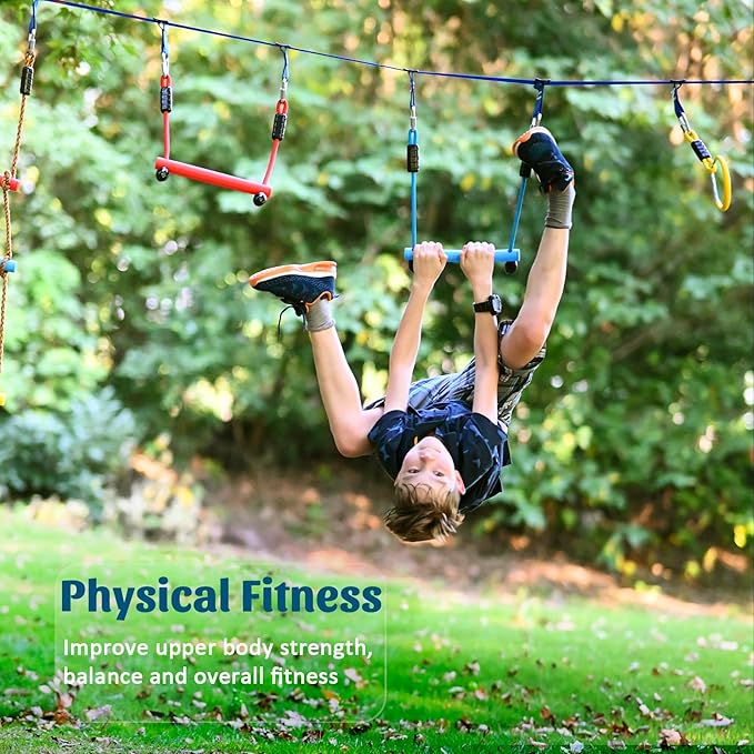 Ninja Warrior Obstacle Course for Kids, 2×56ft Slackline Kit with 8 Ninja Accessories - Monkey Bar, Rope Ladder, Gymnastic Ring, Arm Trainer and Monkey Fist