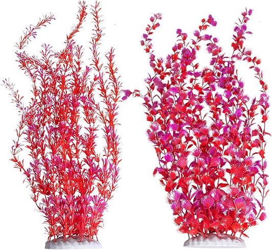Hamiledyi Aquarium Plastic Plants Aquarium Decor Artificial Fish Tank Plants,Tall Fish Tank Decorations, Extra Large Aquarium Plant 23.6-inch Tall,2PCS(Red)