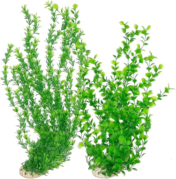Hamiledyi 23" Tall Aquarium Plastic Plants - 2 Pack Soft Fish Tank Decor, Artificial Green Grass Cluster for Aquariums, Safe Bendable Underwater Plants(Green Style B)