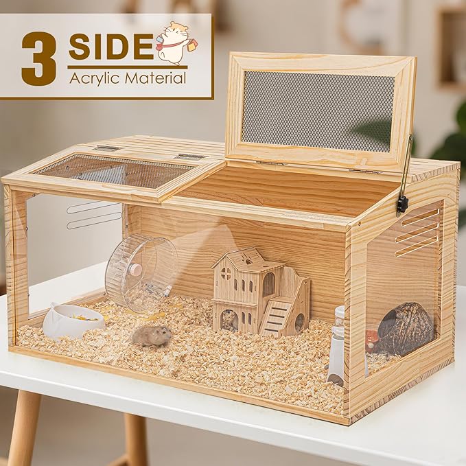 Hamster Cage 40 Inch Wooden Chewproof, 270° View Habitat with Bite-Proof Metal Mesh & Dual Access Doors, Acrylic Sheets & Solid Build for Dwarf Syrian Hamsters/Gerbils/Guinea Pigs/Chinchillas