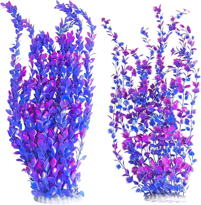 Hamiledyi Aquarium Plastic Plants Aquarium Decor Artificial Fish Tank Plants,Tall Fish Tank Decorations, Extra Large Aquarium Plant 23.6-inch Tall,2PCS(Purple Style A)