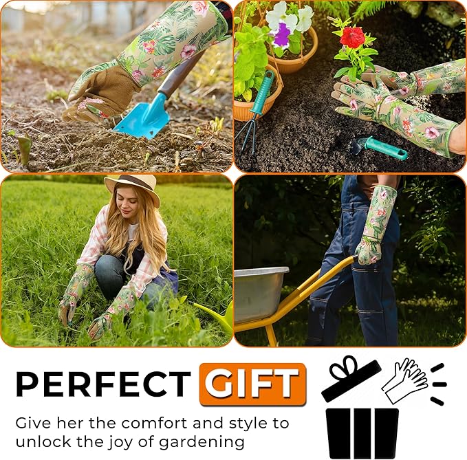 HANDLANDY Leather Gardening Gloves for Women, Thorn Proof Breathable Ladies Rose Pruning Garden Gauntlet Yard Gloves, Gift for Gardeners (Khaki, XL)