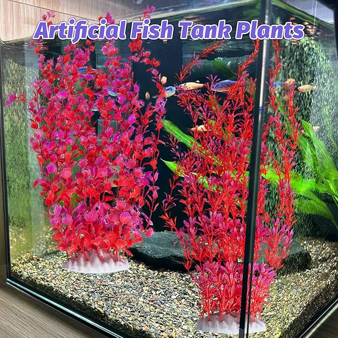 Hamiledyi Aquarium Plastic Plants Aquarium Decor Artificial Fish Tank Plants,Tall Fish Tank Decorations, Extra Large Aquarium Plant 23.6-inch Tall,2PCS(Red)