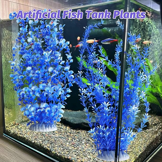 Hamiledyi Aquarium Plastic Plants Aquarium Decor Artificial Fish Tank Plants,Tall Fish Tank Decorations, Extra Large Aquarium Plant 23.6-inch Tall,2PCS(Blue)