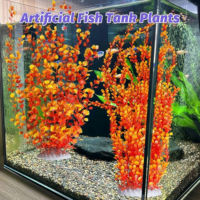 Hamiledyi Aquarium Plastic Plants Aquarium Decor Artificial Fish Tank Plants,Tall Fish Tank Decorations, Extra Large Aquarium Plant 23.6-inch Tall,2PCS(Orange Style B)