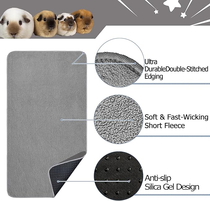 Guinea Pig Cage Liner, 6 Pack - Washable, Reusable, Leakproof Fleece Bedding Pads for Small Animals with Anti-Slip Bottom - for 15''x29'' Area, Gray