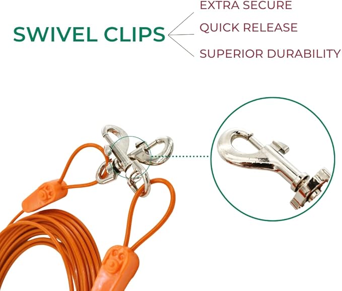 20FT Tie-Out Cables for Dogs - Strong, Safe, and Durable Dog Tie-Outs for Small Dogs up to 90 Pounds - Weather and Wear Resistant Galvanized Aircraft Cable for Outside Use