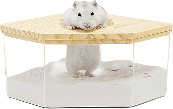 Hamster Sand Bath Box Container, Small Pet Sandbox Lid Design Wooden Sandbox Dust Bath, Transparent Bathroom & Digging Box Acrylic Syrian Hamster Litter Box Small Animal Accessories (D Large)